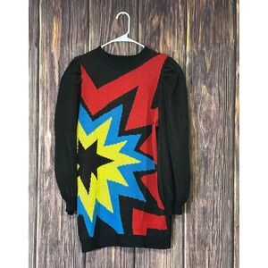 Denimland  Sweater Dress Womens OS Black Geometric Starburst Knit Puff Sleeve